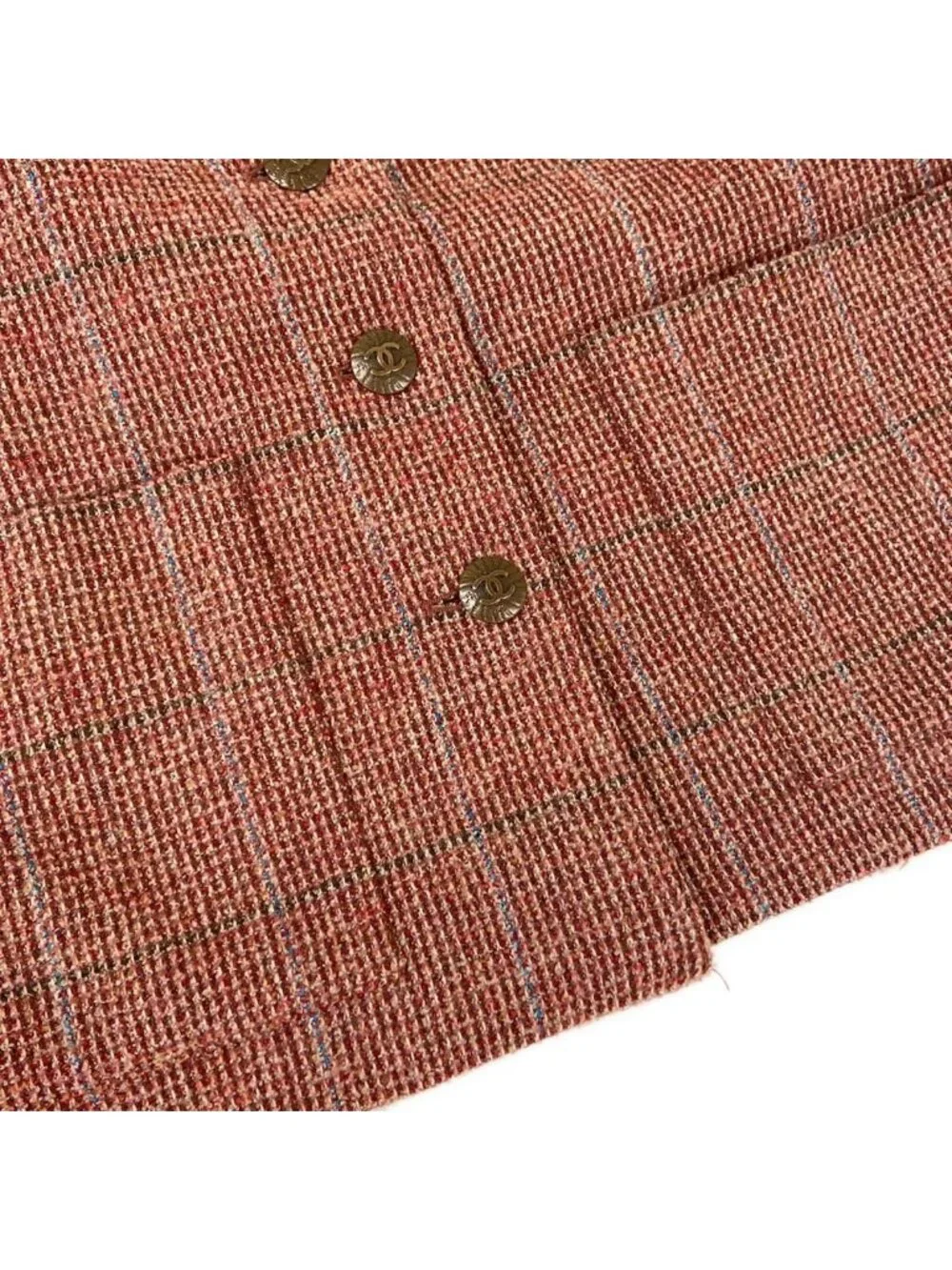 Chanel Jacket 38 M Red Dark Brown Multi Shoulder Pad Long Sleeve Check Pattern